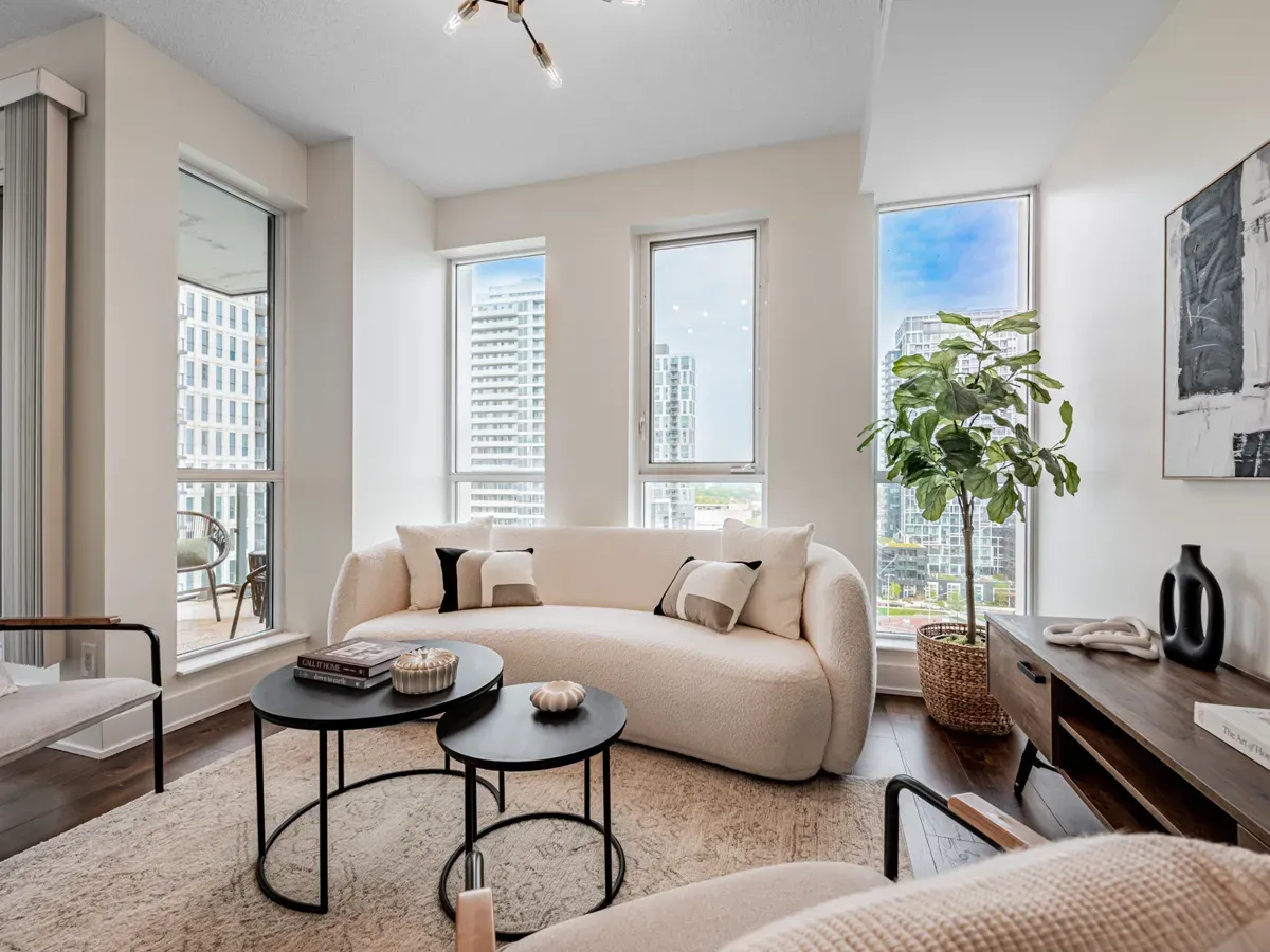 a living room with a couch and a table